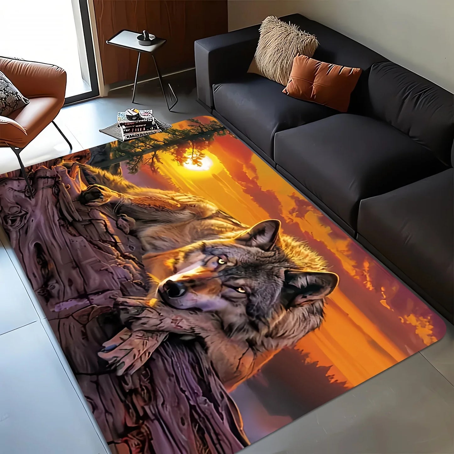 Sunset Wolf Design Rectangular Area Rug, Soft Non Slip Floor Mat for Living Room Bedroom and Office, Washable Home Decor