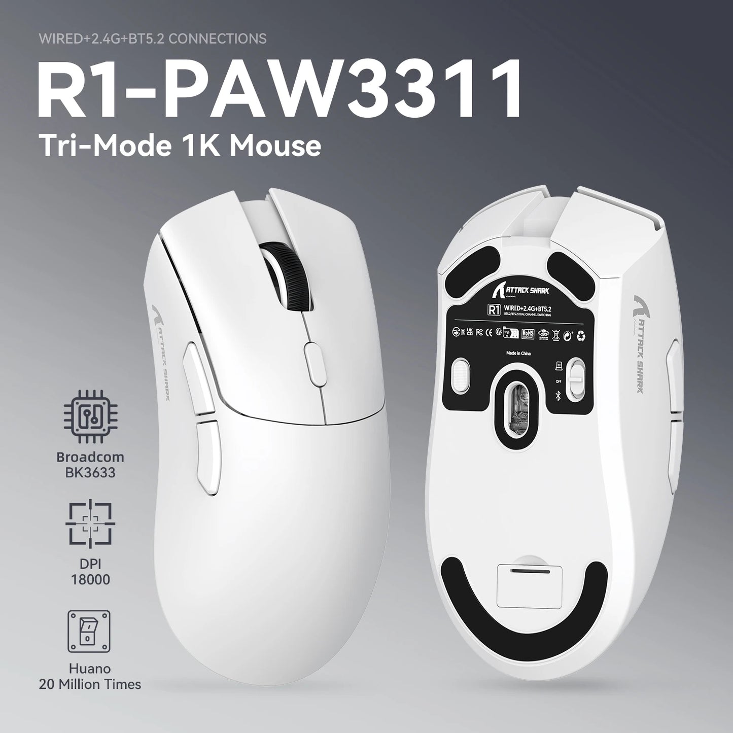 ATTACK SHARK R1 tri-mode gamingmus, PixArt PAW3311-sensor, 18000 DPI, 1000hz, 59g ultralet til store hænder, til PC/Mac