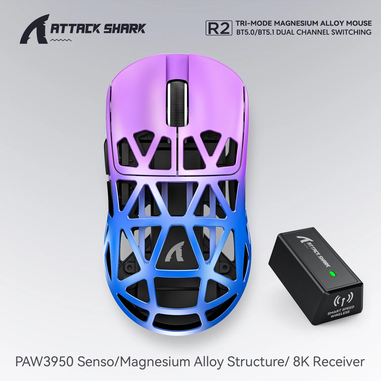 Attack Shark R2 Ασύρματο Gaming Mouse PAW3950 8K από ελαφρύ κράμα μαγνησίου, Bluetooth Tri-Mode για gaming/γραφείο
