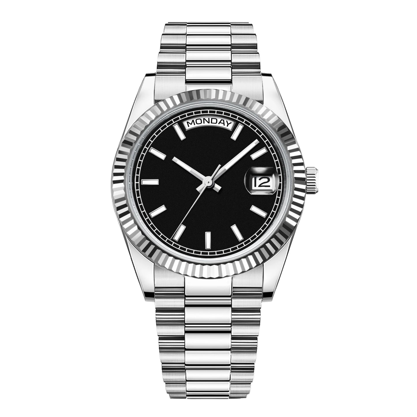 Reloj mecánico CORGEUT NH36 para hombre con indicador de día y fecha, brazalete President, caja de acero, bisel arqueado roscado, waterp