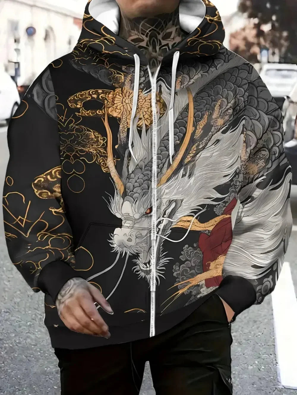 Herren-Hoodie mit Drachenprint und Reißverschluss, Kordelzug, langen Ärmeln, Oversize-Passform, für Outdoor-Aktivitäten und Reisen, Herbst/Winter
