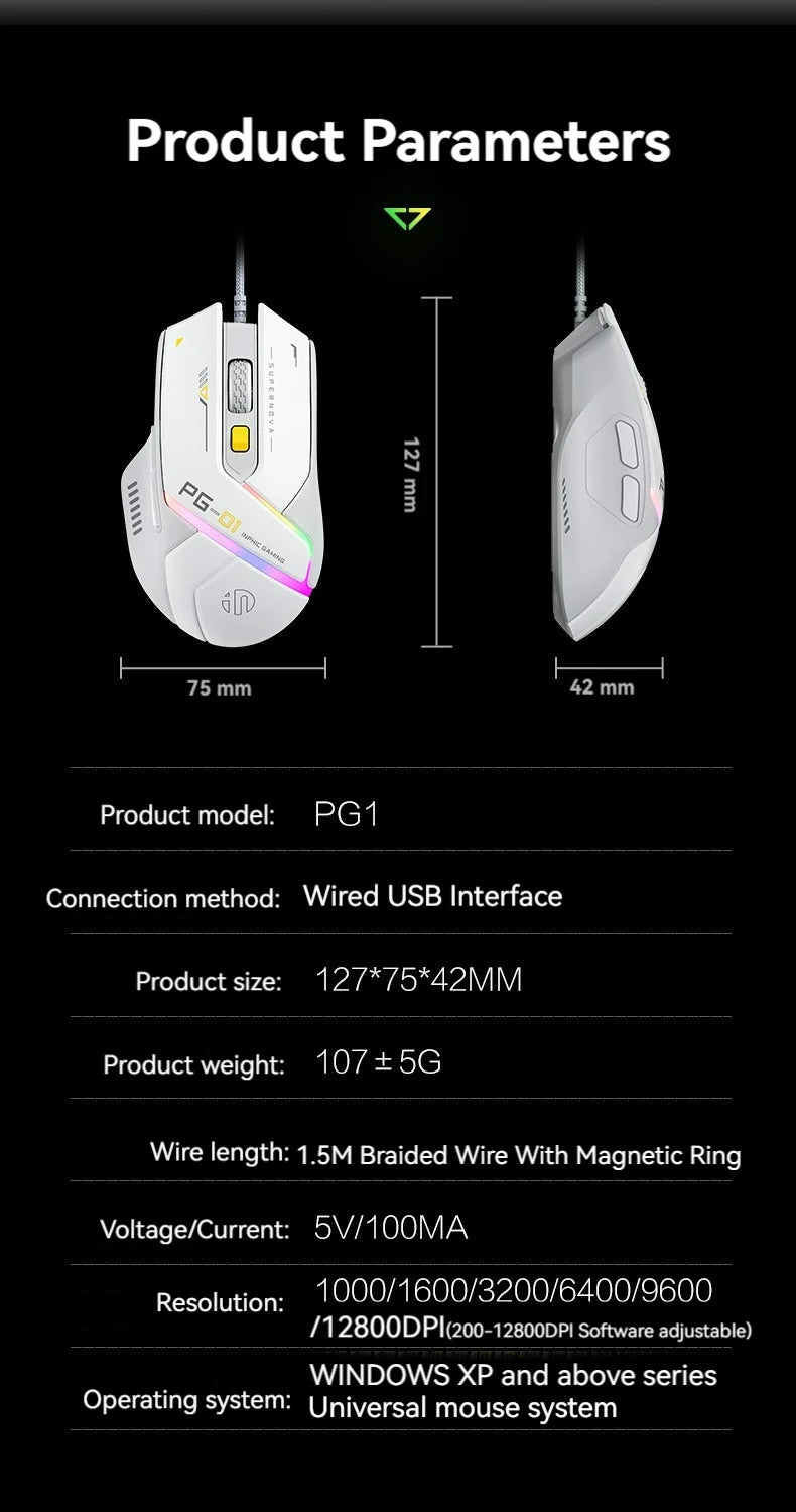Ratón gaming con cable Inphic Pg1, iluminación RGB, programación de macros, 12800DPI, 6 botones, ratón para ordenador, tasa de sondeo de 1000hz