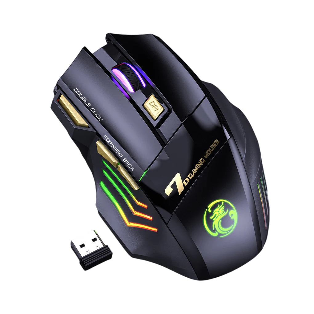 Wireless Rechargeable Optical Mouse RGB Breathing Light 7 Buttons Gaming Computer Mice Adjustable for Desktop PC