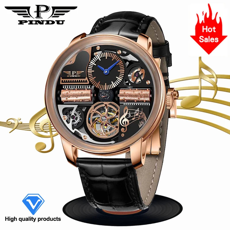 2025 NEW PINDU Design Music Series Machinery Watch Men Movement Stainless Steel Sapphire Glass Top Luxury Automatic Watch Hollow