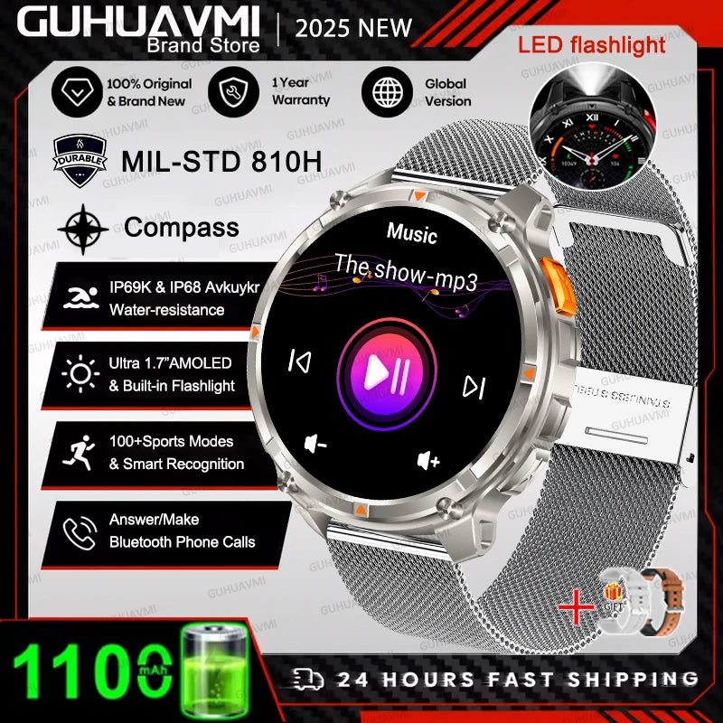 2026 T-Rex 3 Style Smartwatch for Men 1100mAh Battery, GPS, 10ATM Waterproof, Bluetooth Calling & Sports Tracker