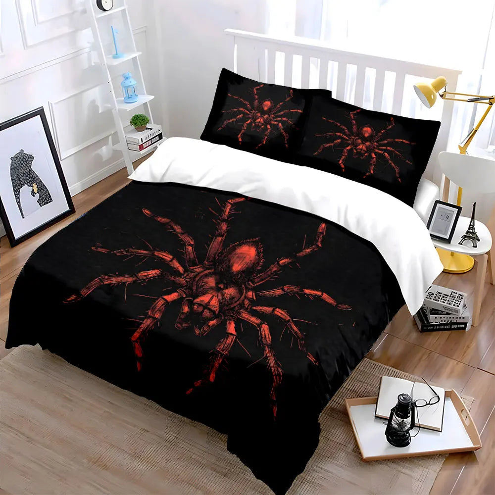 Bettbezug-Set mit rotem Spinnenmotiv und strukturierter Artwork-Optik, Digitaldruck, farbenfrohe Polyester-Bettwäsche mit Reißverschluss, Geschenk für Kinder