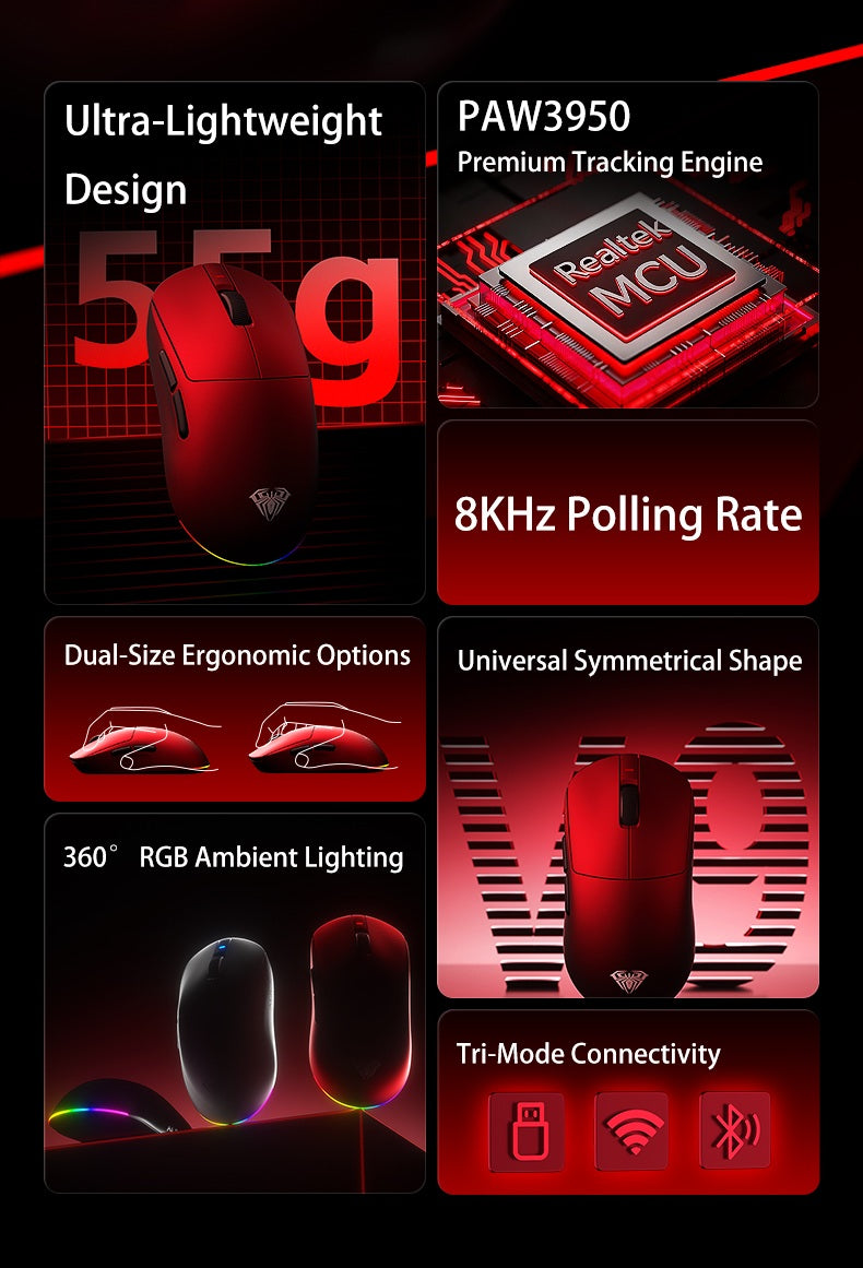 Aula V9 Ultra trådløs e-sports gamingmus Double 8k 3mode PAW 3950 8k 55g let ergonomisk mus tilpasset PC-tilbehør