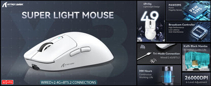 ATTACK SHARK X3 Wireless Gaming Mouse PixArt PAW3395 49g SUPERLIGHT, BT/2.4G Wireless/Wired, 6 Adjustable DPI up to 26000