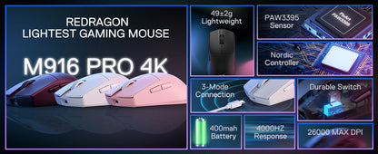 Redragon M916 PRO 3-Mode Wireless Gaming Mouse, Hype-Speed 4K Polling Rate, 49G Ultra-Light 26K DPI Gamer Mouse
