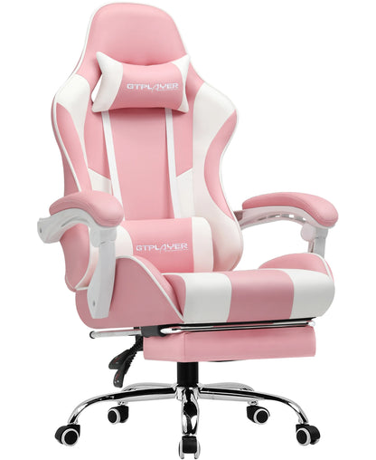 GTPLAYER Gaming Chair with Massage Lumbar Pillow, Ergonomic Gaming Chair with Footrest, Reclining Office Chair, 150kg Heavy Duty Swivel Chair