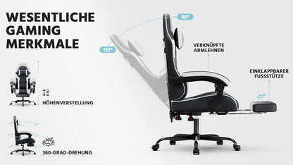 Black & White Gaming Chair, Ergonomic PU Leather Computer Chair with Footrest, Adjustable Swivel Office Chair with Lumbar Support & Headrest, Breathable High-Back Chair for Gaming & Work