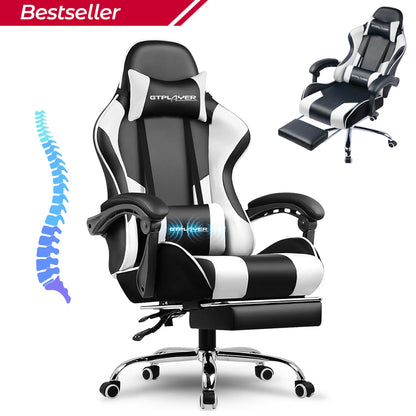 GTPLAYER Gaming Chair with Massage Lumbar Pillow, Ergonomic Gaming Chair with Footrest, Reclining Office Chair, 150kg Heavy Duty Swivel Chair