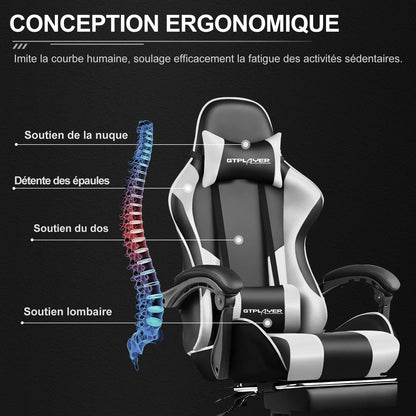 GTPLAYER Gaming Chair with Massage Lumbar Pillow, Ergonomic Gaming Chair with Footrest, Reclining Office Chair, 150kg Heavy Duty Swivel Chair