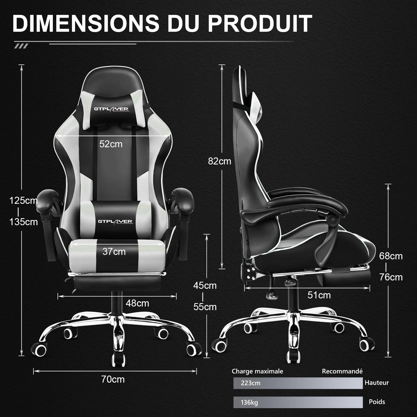 GTPLAYER Gaming Chair with Massage Lumbar Pillow, Ergonomic Gaming Chair with Footrest, Reclining Office Chair, 150kg Heavy Duty Swivel Chair