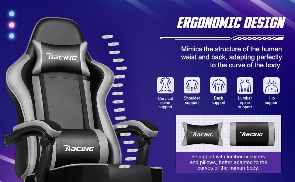 Portreen Gaming chair with footrest, ergonomic gaming chair, gaming armchair with adjustable lumbar cushion and headrest, height-adjustable swivel, rocking function up to 170°, gaming chair for up to 150 kg, black, perfect f