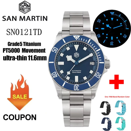  San Martin Grade5 Titanium Watch SN0121TD PT5000/ST2130 Automatic Movement Watch 300M Waterproof Adjustable Clasp Wristwatch