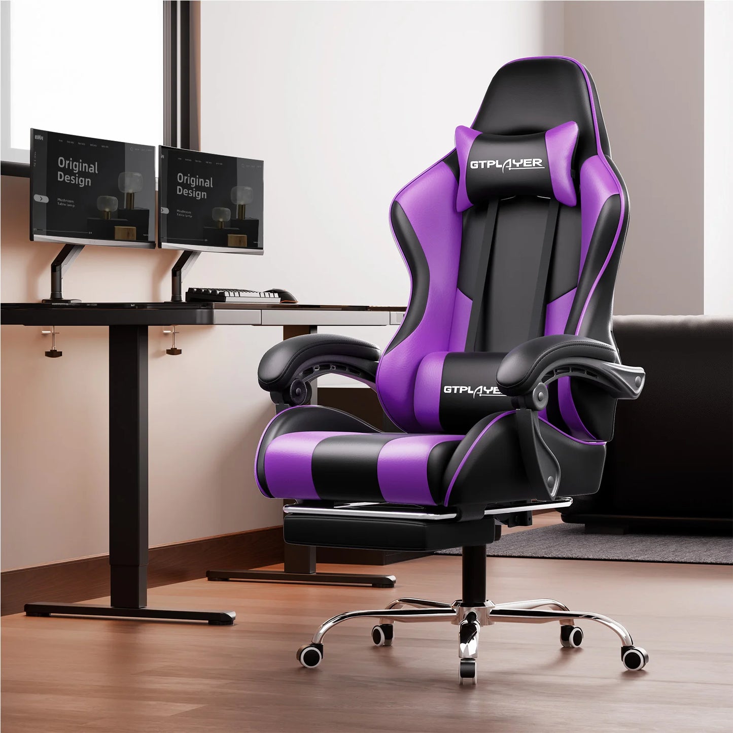 GTPLAYER Gaming Chair with Massage Lumbar Pillow, Ergonomic Gaming Chair with Footrest, Reclining Office Chair, 150kg Heavy Duty Swivel Chair
