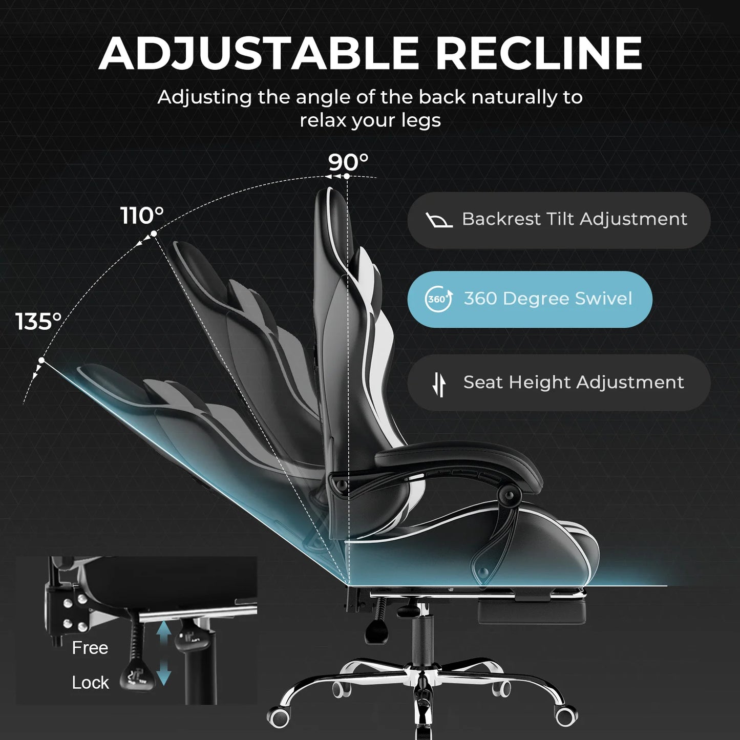 GTPLAYER Gaming Chair with Massage Lumbar Pillow, Ergonomic Gaming Chair with Footrest, Reclining Office Chair, 150kg Heavy Duty Swivel Chair