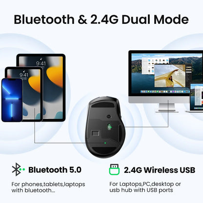 Mysz bezprzewodowa UGREEN Bluetooth 5.0, ergonomiczna, 4000DPI, 6 cichych przycisków, do MacBooka, tabletu, laptopów, komputera PC, 2.4G