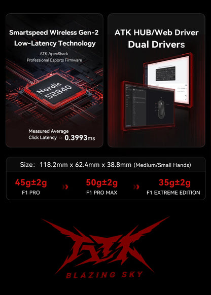 ATK BlazingSky F1 Extreme bezdrátová herní myš PAW3950 Ultra Dual-Mode 8000Hz 35g lehká e-sportovní FPS myš