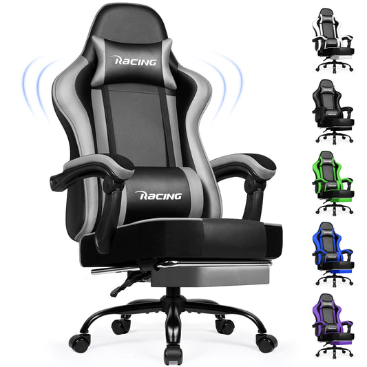 Portreen Gaming chair with footrest, ergonomic gaming chair, gaming armchair with adjustable lumbar cushion and headrest, height-adjustable swivel, rocking function up to 170°, gaming chair for up to 150 kg, black, perfect f