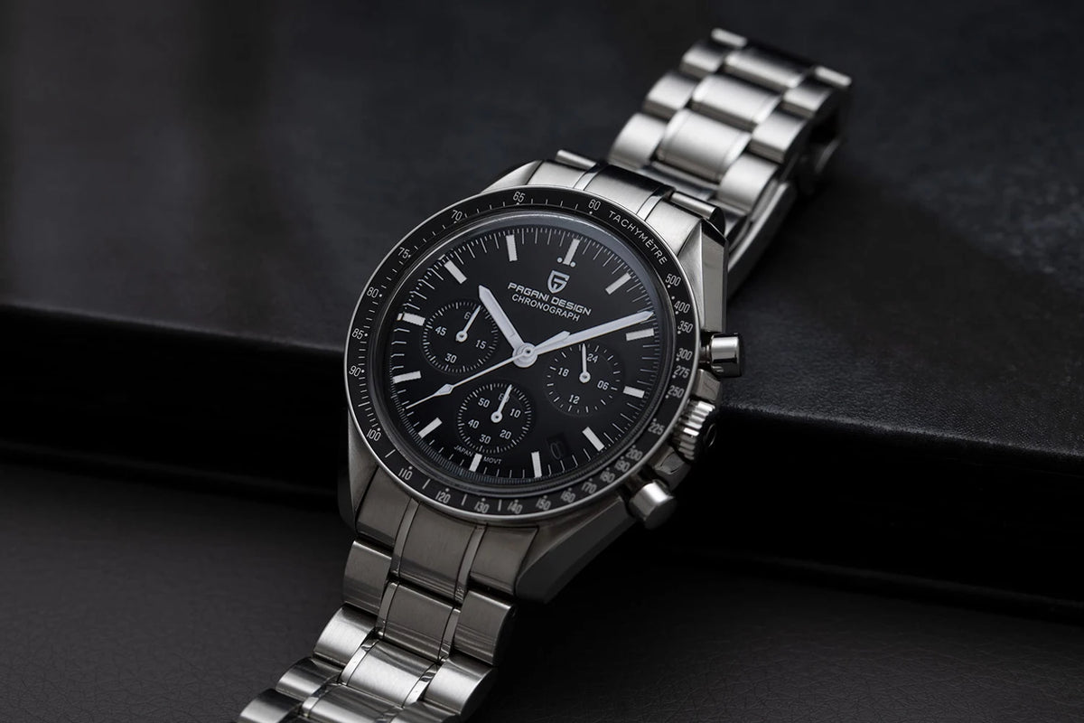 Montre pour homme PAGANI DESIGN (nouveau modèle V5 PD1701) – Chronographe sportif de type « Speed » à quartz, verre saphir avec traitement antireflet, étanche jusqu'à 100 mètres.
