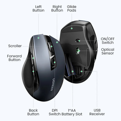 Mysz bezprzewodowa UGREEN Bluetooth 5.0, ergonomiczna, 4000DPI, 6 cichych przycisków, do MacBooka, tabletu, laptopów, komputera PC, 2.4G