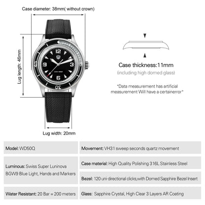 Watchdives 50-Fathoms Watch VH31 Sweep Seconds Quartz Movement Luminous 200m Waterproof Sapphire Stainless Steel  Watches WD50Q