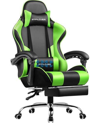 GTPLAYER Gaming Chair with Massage Lumbar Pillow, Ergonomic Gaming Chair with Footrest, Reclining Office Chair, 150kg Heavy Duty Swivel Chair