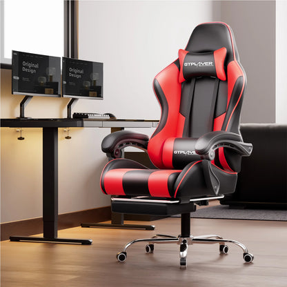GTPLAYER Gaming Chair with Massage Lumbar Pillow, Ergonomic Gaming Chair with Footrest, Reclining Office Chair, 150kg Heavy Duty Swivel Chair