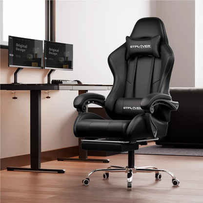 GTPLAYER Gaming Chair with Massage Lumbar Pillow, Ergonomic Gaming Chair with Footrest, Reclining Office Chair, 150kg Heavy Duty Swivel Chair