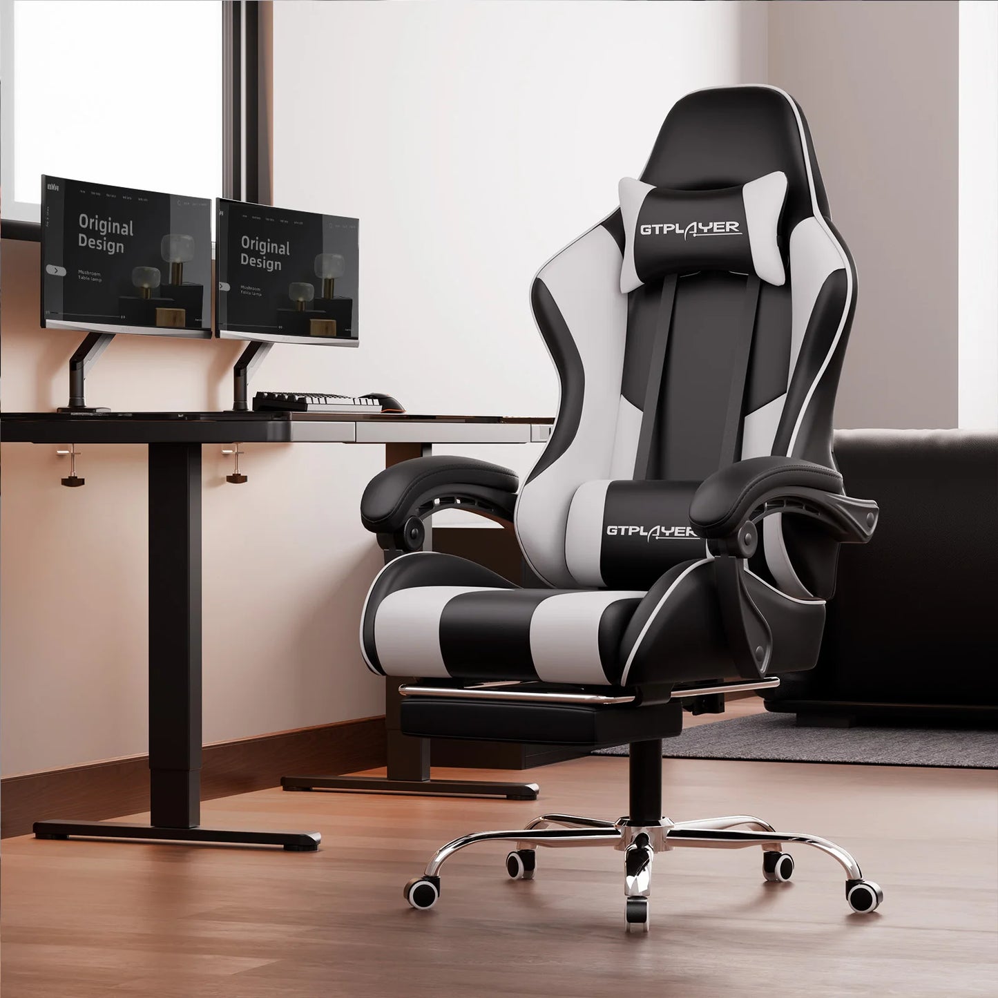 GTPLAYER Gaming Chair with Massage Lumbar Pillow, Ergonomic Gaming Chair with Footrest, Reclining Office Chair, 150kg Heavy Duty Swivel Chair