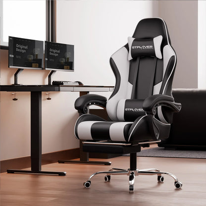 GTPLAYER Gaming Chair with Massage Lumbar Pillow, Ergonomic Gaming Chair with Footrest, Reclining Office Chair, 150kg Heavy Duty Swivel Chair