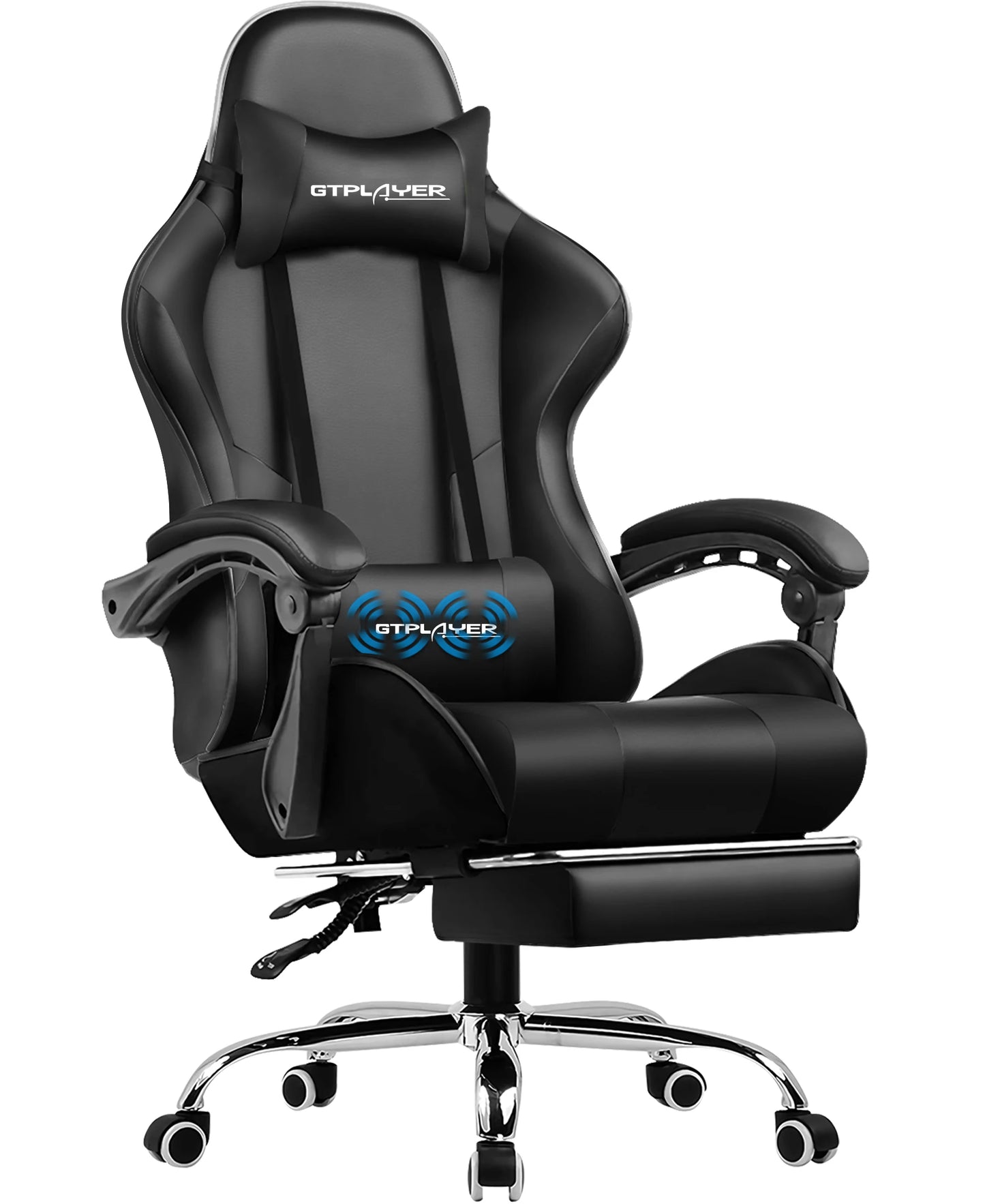 GTPLAYER Gaming Chair with Massage Lumbar Pillow, Ergonomic Gaming Chair with Footrest, Reclining Office Chair, 150kg Heavy Duty Swivel Chair