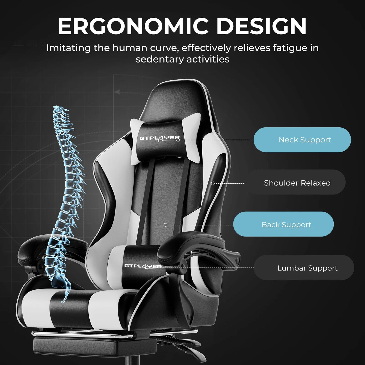 GTPLAYER Gaming Chair with Massage Lumbar Pillow, Ergonomic Gaming Chair with Footrest, Reclining Office Chair, 150kg Heavy Duty Swivel Chair