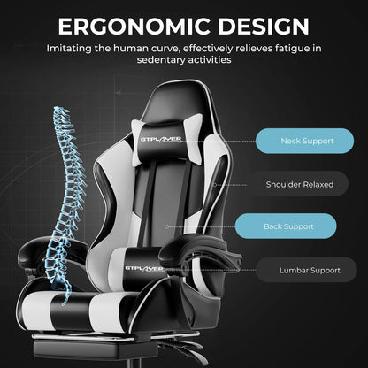 GTPLAYER Gaming Chair with Massage Lumbar Pillow, Ergonomic Gaming Chair with Footrest, Reclining Office Chair, 150kg Heavy Duty Swivel Chair