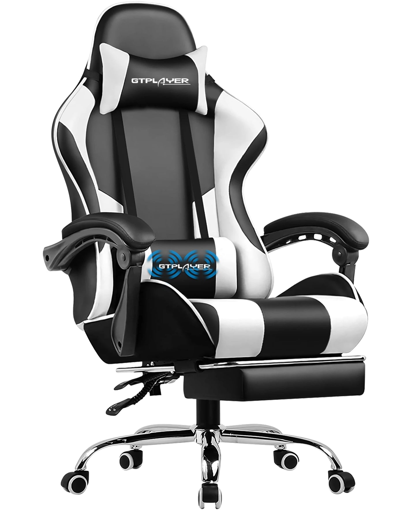 GTPLAYER Gaming Chair with Massage Lumbar Pillow, Ergonomic Gaming Chair with Footrest, Reclining Office Chair, 150kg Heavy Duty Swivel Chair