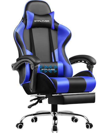 GTPLAYER Gaming Chair with Massage Lumbar Pillow, Ergonomic Gaming Chair with Footrest, Reclining Office Chair, 150kg Heavy Duty Swivel Chair