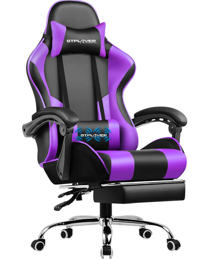GTPLAYER Gaming Chair with Massage Lumbar Pillow, Ergonomic Gaming Chair with Footrest, Reclining Office Chair, 150kg Heavy Duty Swivel Chair