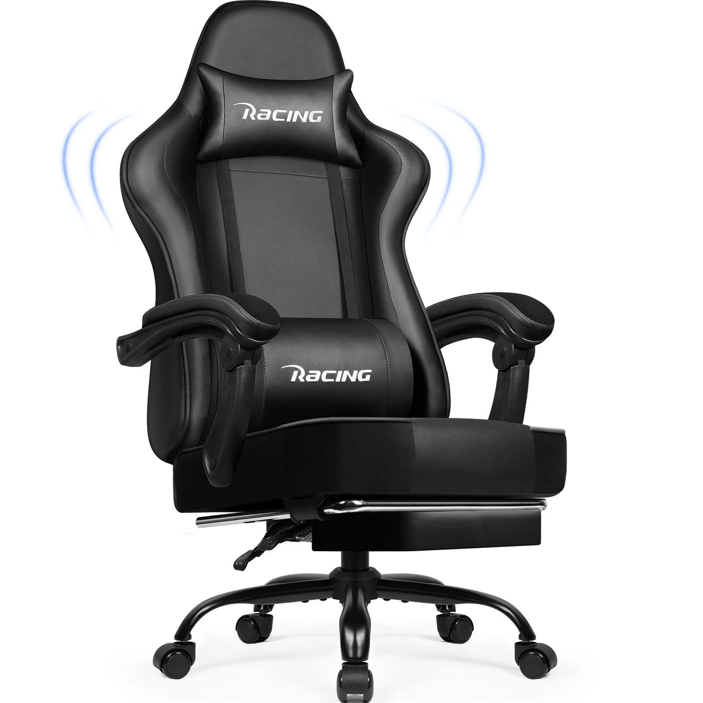 Portreen Gaming chair with footrest, ergonomic gaming chair, gaming armchair with adjustable lumbar cushion and headrest, height-adjustable swivel, rocking function up to 170°, gaming chair for up to 150 kg, black, perfect f