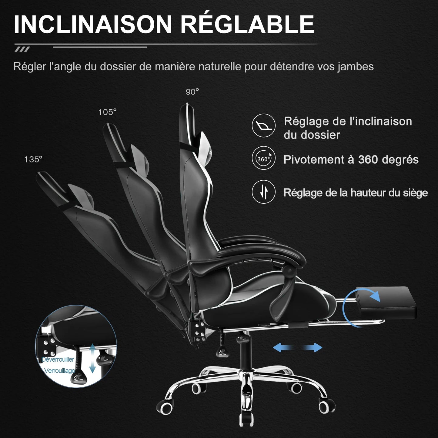 GTPLAYER Gaming Chair with Massage Lumbar Pillow, Ergonomic Gaming Chair with Footrest, Reclining Office Chair, 150kg Heavy Duty Swivel Chair