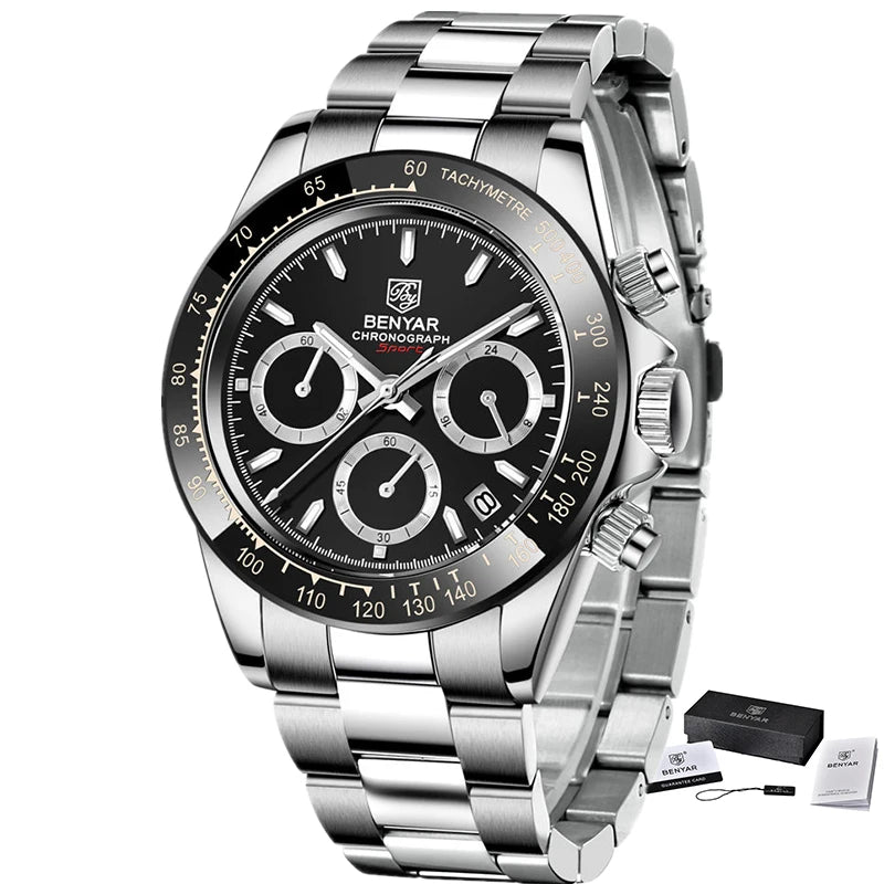 BENYAR Men’s Watches – Luxury chronograph, sporty design, water-resistant, stainless steel, quartz movement
