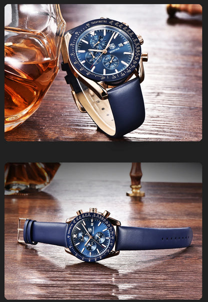 Montres de luxe pour hommes BENYAR – Montres-bracelets à quartz avec bracelet en cuir, étanches jusqu'à 30 m, style sportif.