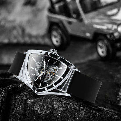 Vyrų automatinis laikrodis „WINNER“, trikampio formos skeleto dizainas, šviečiantys rodyklės, guminė apyrankė, karinis stilius, prabangus mechaninis laikrodis