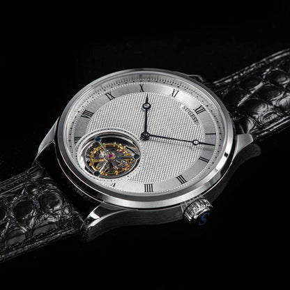 Sugess Tourbillon férfi karóra ST8230, eredeti Tianjin-i szerkezetű, mechanikus, vintage, csontvázszerkezetű karóra, elegáns krokodilbőr szíjjal