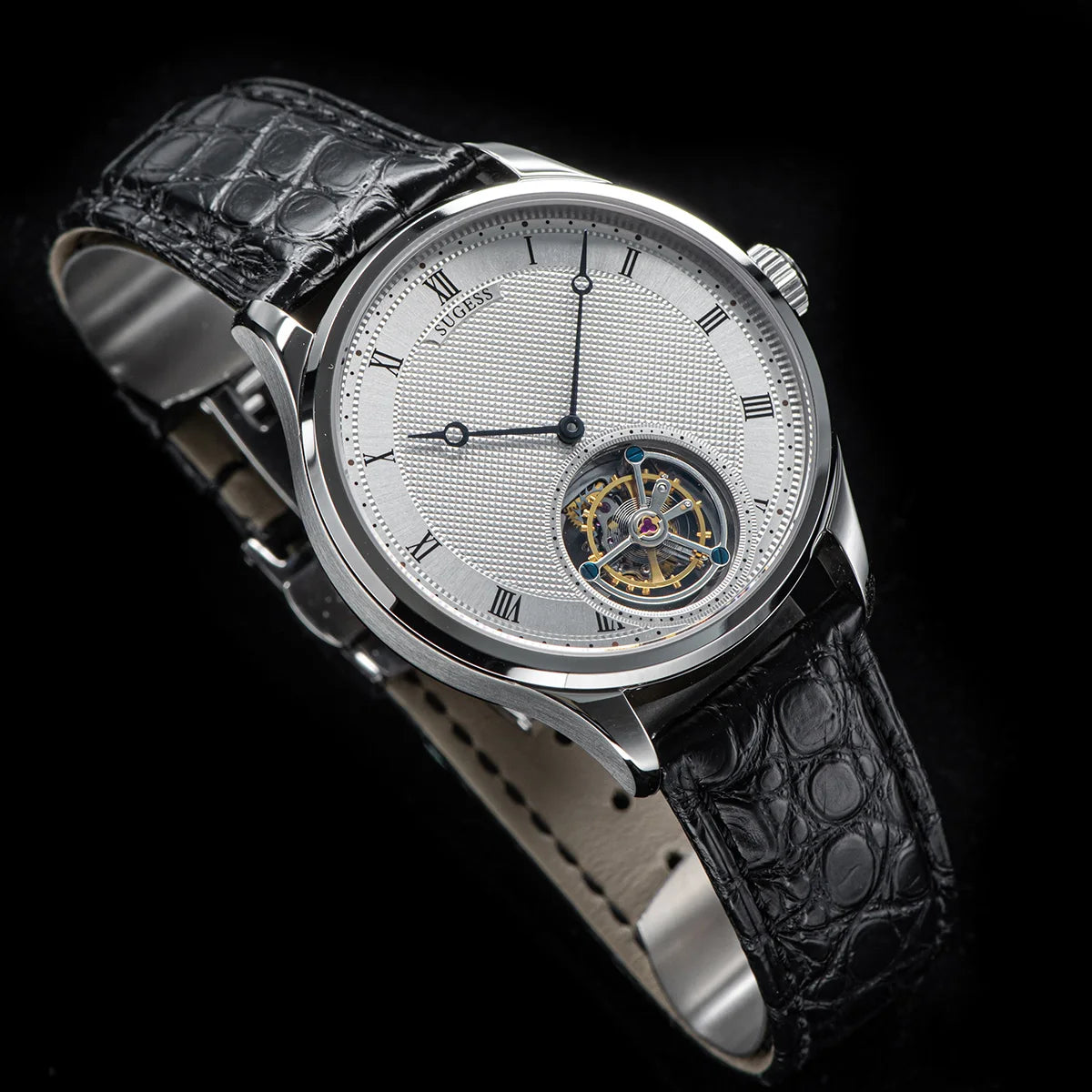 Sugess Tourbillon férfi karóra ST8230, eredeti Tianjin-i szerkezetű, mechanikus, vintage, csontvázszerkezetű karóra, elegáns krokodilbőr szíjjal
