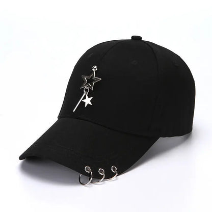 Șapcă de baseball din bumbac în stil hip-hop, cu design creativ, cu inele de piercing, în stil punk, casual pentru adulți, unisex, ajustabilă, cu sistem snapback