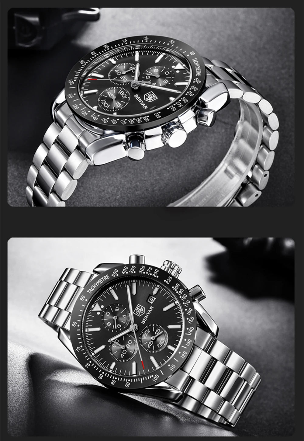 Montres de luxe pour hommes BENYAR – Montres-bracelets à quartz avec bracelet en cuir, étanches jusqu'à 30 m, style sportif.
