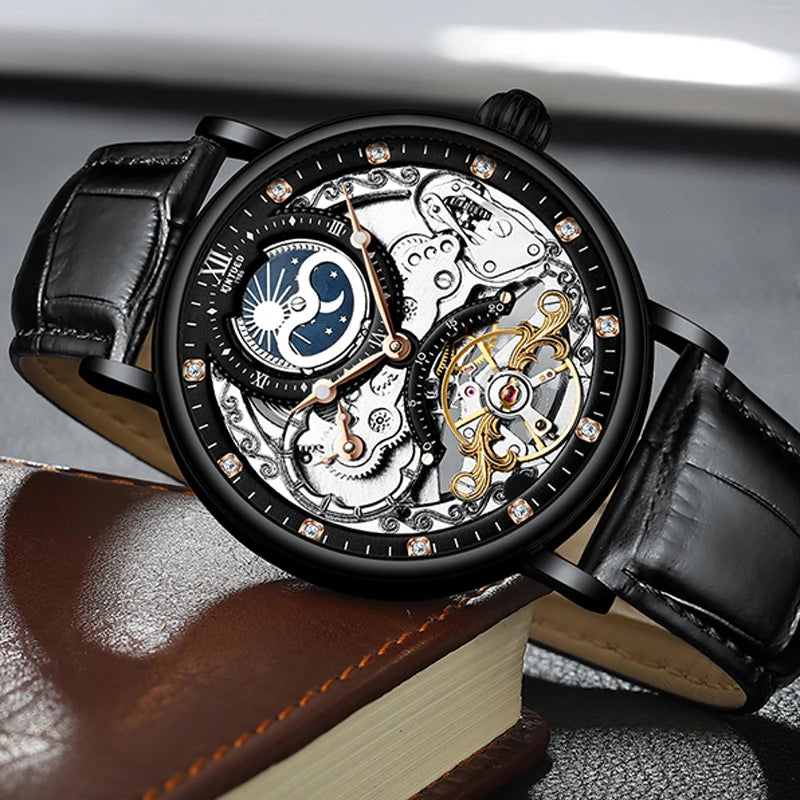 KINYUED Herrenuhr – Luxusmodell, Skelett-Design mit Tourbillon, mechanisches Automatikwerk, roségoldfarbenes Gehäuse, wasserdicht.