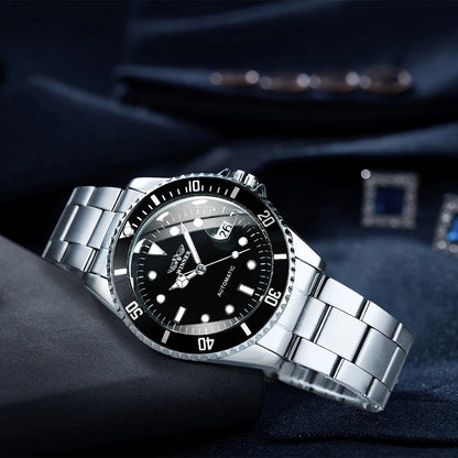 Classic mechanical watch for men – Luxury brand, business style, automatic movement, rotating bezel, luminescent dial, steel bracelet